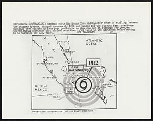 Miami: Newsmap spots hurricane Inez which, after hours of stalling between two weather systems, changed course early 10/4 and heated for the Florida Keys. Hurricane warnings were ordered up from Fort Lauderdale to Marathon and at Flamingo for Inez, an unpredictable hurricane that claimed more than 1,300 lives in the Caribbean before moving in to threaten the U.S coast.