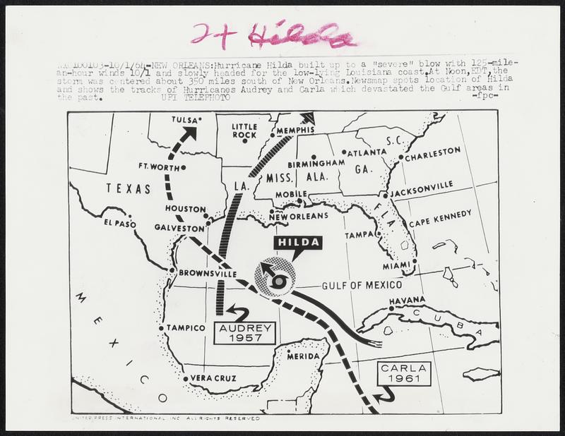 Hurricane Hilda built up to a “severe” blow with 125-mile-an-hour winds 10/1 and slowly headed for the low-lying Louisiana coast.At noon,EDT,the storm was centered about 350 miles south of New Orleans.Newsmap spots location of Hilda and shows the tracks of Hurricanes Audrey and Carle which devastated the Gulf areas in the past.