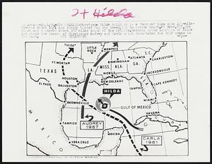 Hurricane Hilda built up to a “severe” blow with 125-mile-an-hour winds 10/1 and slowly headed for the low-lying Louisiana coast.At noon,EDT,the storm was centered about 350 miles south of New Orleans.Newsmap spots location of Hilda and shows the tracks of Hurricanes Audrey and Carle which devastated the Gulf areas in the past.