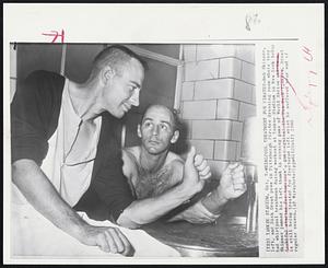 Whirlpool Treatment for Pirates - Bob Skinner, left, and Dick Groat pose in Pittsburgh Pirates dressing room where they had whirlpool treatment during workout at Yankee Stadium in New York today Skinner jammed his left thumb in opening game of World Series and is a doubtful starter for tomorrow's game against the New York Yankees. Groat is still being treated for fractured left wrist he suffered near end of regular season.