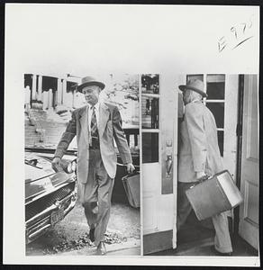 Presidential Aide Sherman Adams, who resigned last night, swings oversize briefcase (left photo) as he leaves car at White House today. At right, he enters office to continue duties until a successor is named. Observers say his job may be split up.