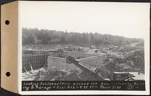 Contract No. 56, Administration Buildings, Main Dam, Belchertown, looking southeasterly across the administration building and garage, Belchertown, Mass., Sep. 23, 1937