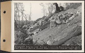 Contract No. 60, Access Roads to Shaft 12, Quabbin Aqueduct, Hardwick and Greenwich, screened gravel and riprap, looking back from Sta. 9+50, Greenwich and Hardwick, Mass., Sep. 29, 1938