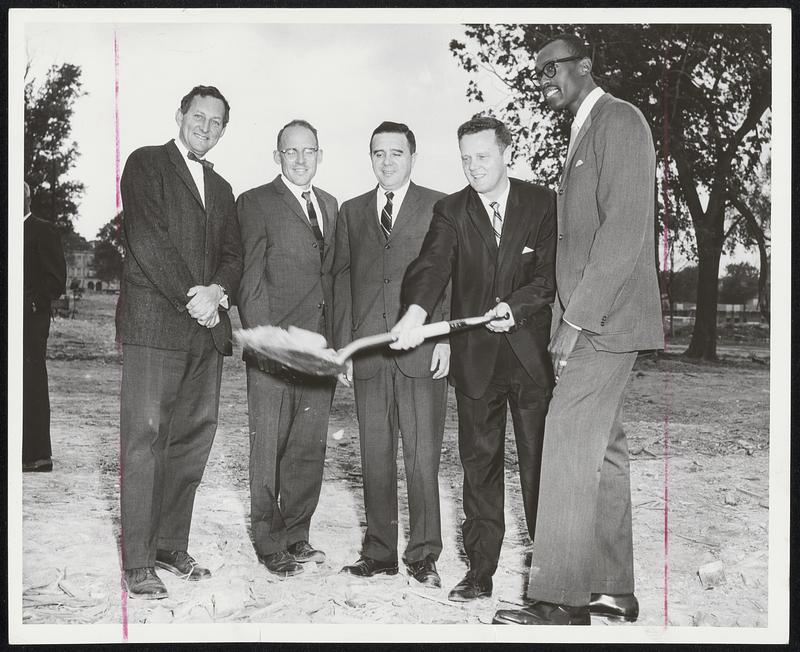 Groundbreaking Ceremony is held for Roxbury YMCA at Warren and Munroe streets in Washington Park Project. Present, from left- Norman Fletcher of Architects Collaborative, George Macomber, president of George B. H. Macomber Co., Boston, City Councilman Christopher Iannella, Acting Mayor John J. Tierney, Celtics' basketball star Tom Sanders