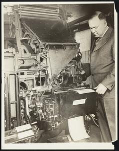 Machine Sets Type Without Human Aid. Automatic Typesetting- The operation of Linotype direct from copy without human effort- Was demonstrated at Charlotte, N.C., March 28, before a group of publishers and newspaper executive. The demonstration was given by the inventor, Buford L. Green, in the Charlotte observer building, where for more than two years the former printer and machinist has worked in closest secrecy to develop the device. A specially constructed typewriter on the carriage of the mechanism, called the "semagraph", replaces the standard linotype keyboard. A photoelectric cell is used to focus on the copy, simultaneously the matrices begin to drop from the linotype magazine and the slug of type is cast in the conventional manner. Photo shows Buford Green, the inventor and his device.