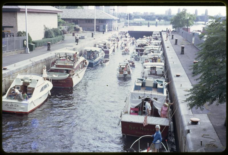 Two rows of boats in a waterway