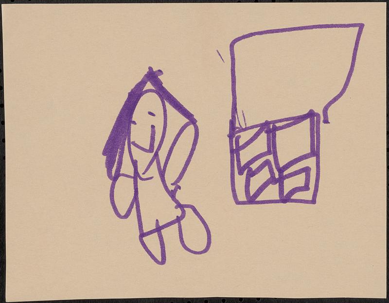 A drawing of a person in front of a shelf holding materials