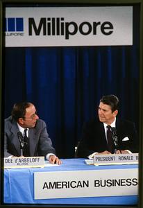 Bedford, MA: Pres. Ronald Reagan speaks at a meeting of high tech execs