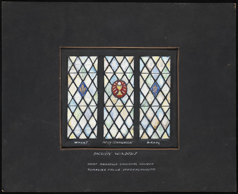 Wheat, holy communion, grape - sacristy windows, Saint Andrew's Episcopal Church, Turners Falls, Massachusetts