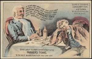 Does your system need cleansing Parker's Tonic is the best blood purifier you can use - Cures coughs, consumption, asthma by rejuvenating the blood.