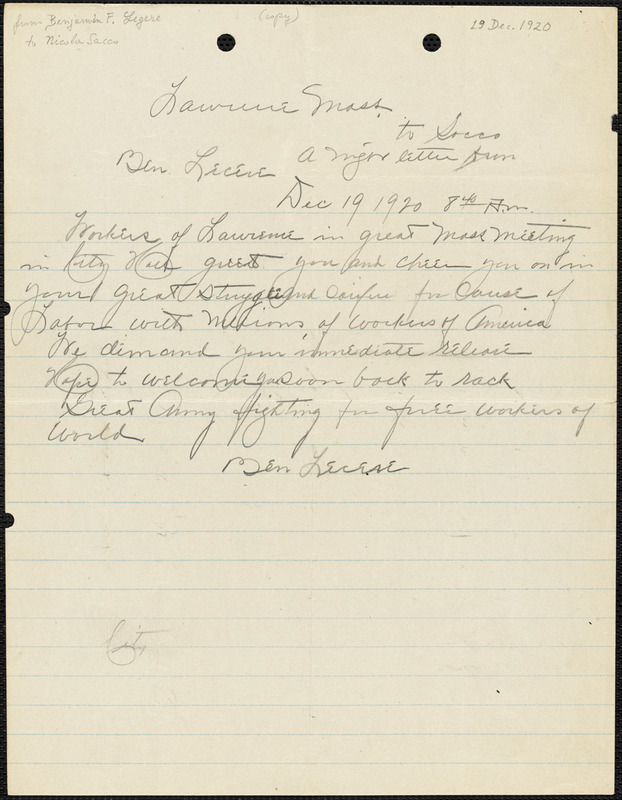Benjamin F. Legere manuscript letter (copy) to Nicola Sacco, Lawrence, 19 December 1920
