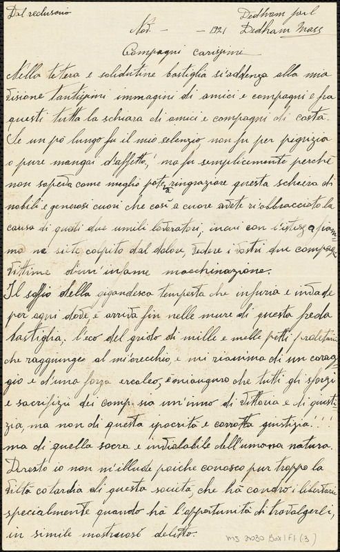 Nicola Sacco autographed letter signed to "Compagni carissimi", Dedham, November 1921