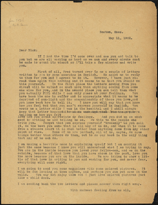 Sacco-Vanzetti Defense Committee typed letter (copy) to Nicola Sacco, [Boston], 11 May 1922