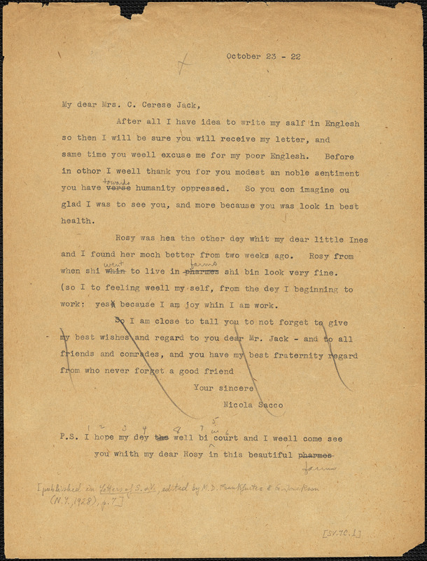 Nicola Sacco typed letter (copy) to Mrs. [Cerise] Jack, [Dedham], 23 October 1922