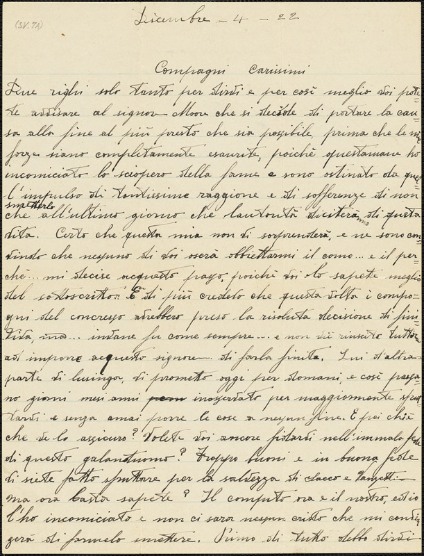 Nicola Sacco autographed letter signed to "Compagni carissimi", [Dedham], 4 December 1922