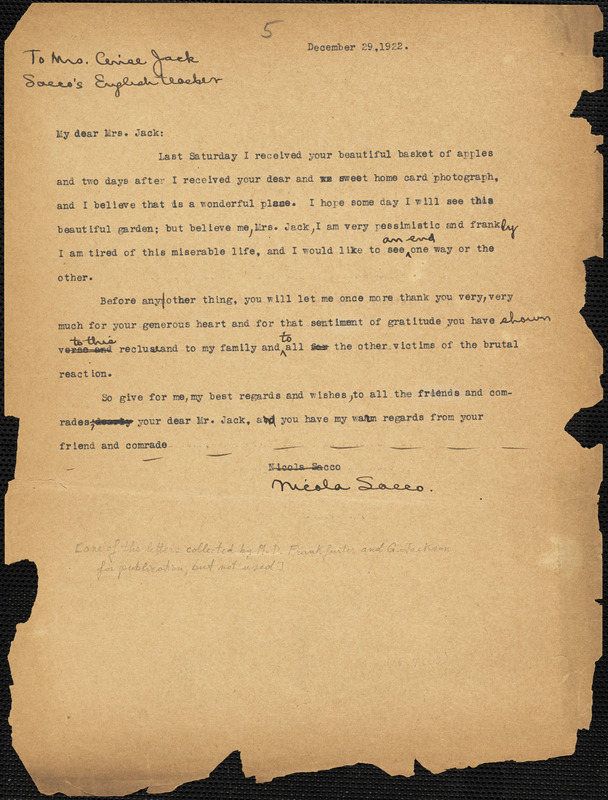 Nicola Sacco typed letter (copy) to Mrs. Cerise Jack, [Dedham], 29 December 1922