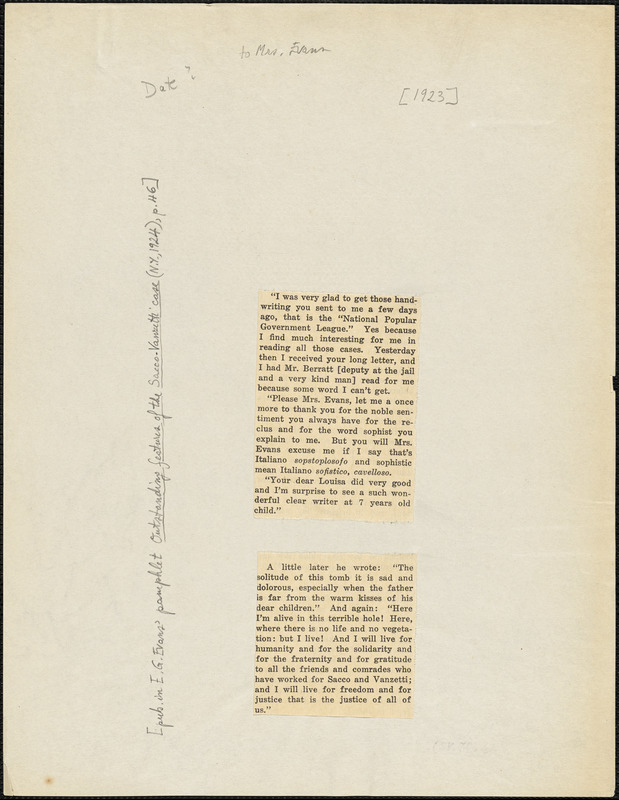 Nicola Sacco printed extracts from two letters to Elizabeth Glendower Evans, [Dedham?, 1923?]