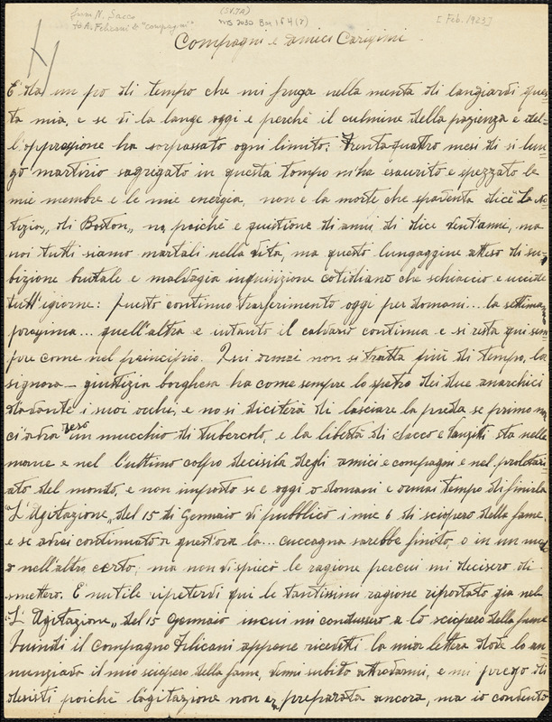 Nicola Sacco autographed letter signed to Aldino [Felicani] and "compagni e amici carissimi", [Dedham, February 1923]
