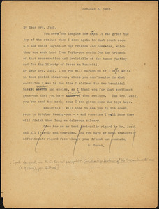 Nicola Sacco typed letter (copy) to Mrs. [Cerise] Jack, [Dedham], 6 October 1923 and 3 November 1923