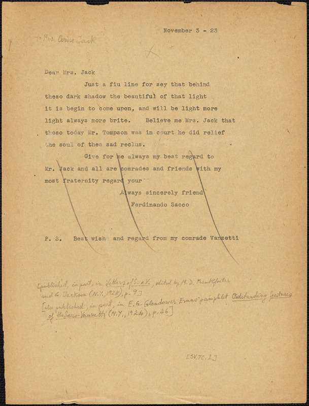 Nicola Sacco typed note (copy) to Mrs. Cerise Jack, [Dedham], 3 November 1923