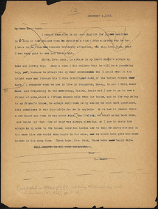 Nicola Sacco typed letter (copy) to Mrs. [Cerise] Jack, [Dedham], 6 December 1923