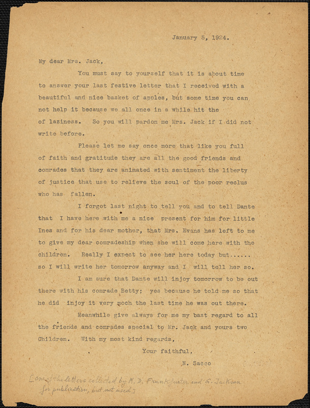 Nicola Sacco typed letter (copy) to Mrs. [Cerise] Jack, [Dedham], 5 January 1924