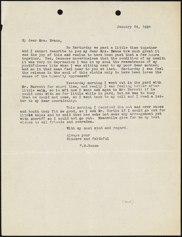 Nicola Sacco typed letter (copy) to Elizabeth Glendower Evans, [Dedham], 14 January 1924