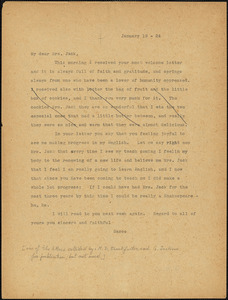 Nicola Sacco typed letter (copy) to Mrs. [Cerise] Jack, [Dedham], 19 January 1924