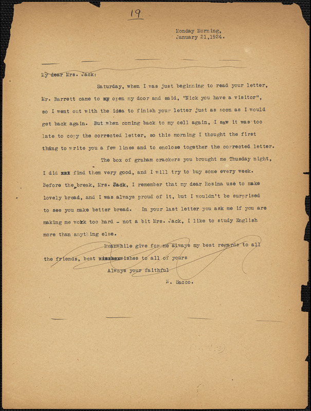 Nicola Sacco typed letter (copy) to Mrs. [Cerise] Jack, [Dedham], 21 January 1924