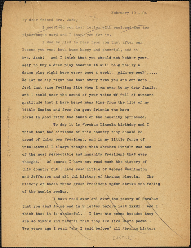 Nicola Sacco typed letter (copy) to Mrs. [Cerise] Jack, [Dedham], 12 February 1924