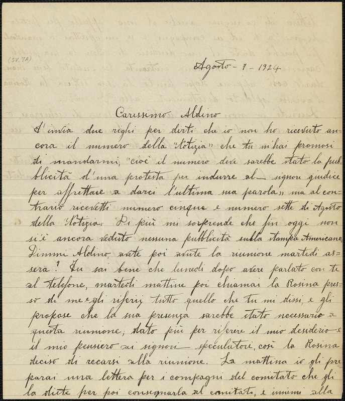 Nicola Sacco autographed letter signed to Aldino [Felicani], [Dedham], 7 August 1924