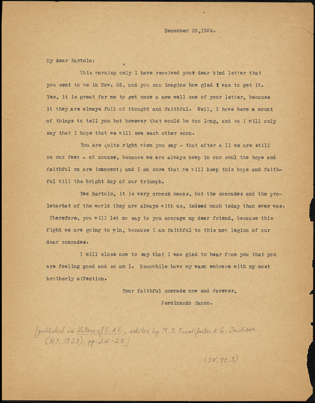 Nicola Sacco typed letter (copy) to Bartolomeo Vanzetti, [Dedham], 28 December 1924