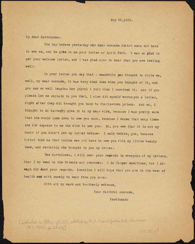 Nicola Sacco typed letter (copy) to Bartolomeo Vanzetti, [Dedham], 23 May 1925