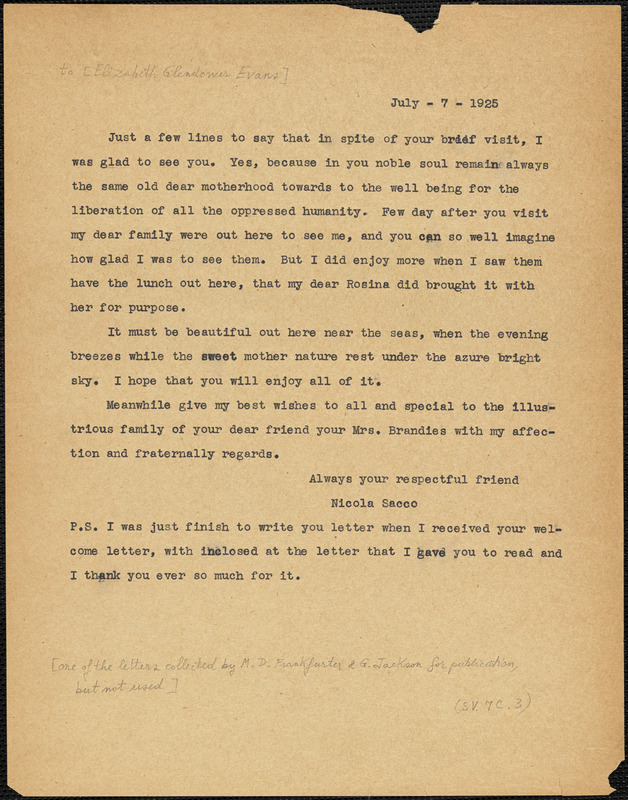 Nicola Sacco typed letter (copy) to [Elizabeth Glendower Evans], [Dedham], 7 July 1925