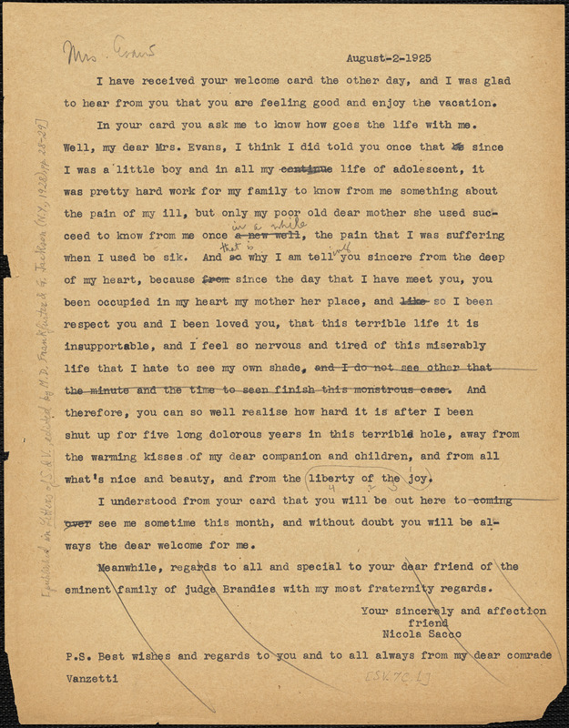 Nicola Sacco typed letter (copy) to [Elizabeth Glendower Evans], [Dedham], 2 August 1925