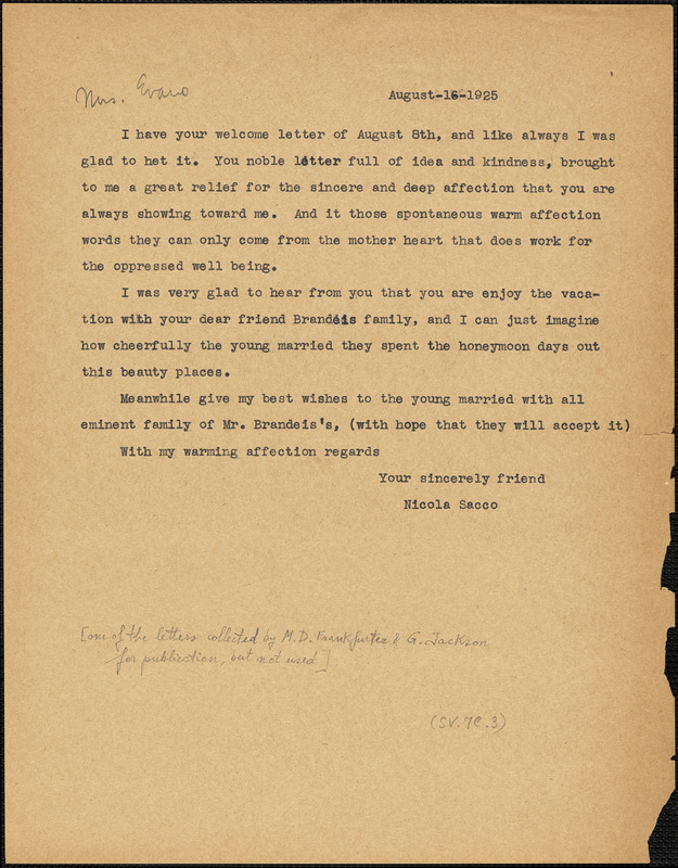 Nicola Sacco typed letter (copy) Elizabeth Glendower Evans, 16 August 1925