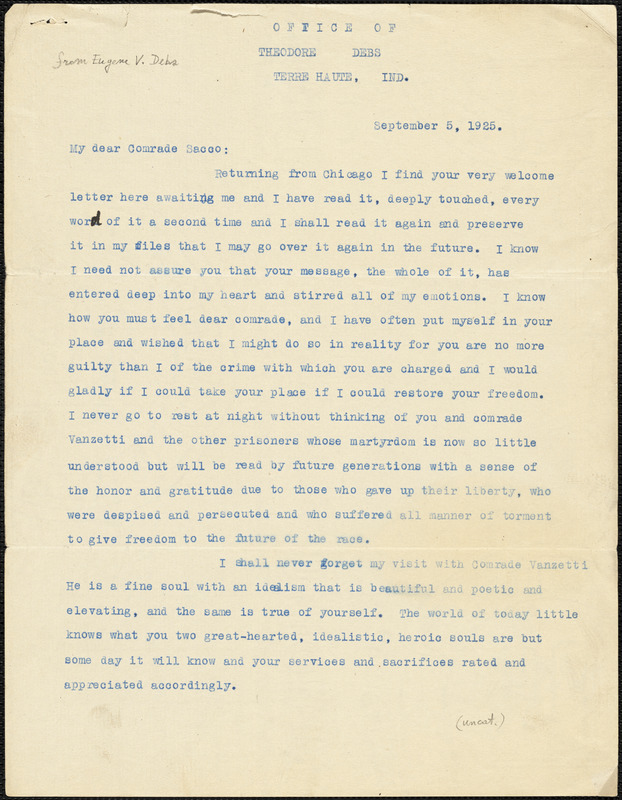 Eugene V. Debs typed letter (copy) to Nicola Sacco, Terra Haute, 5 September 1925
