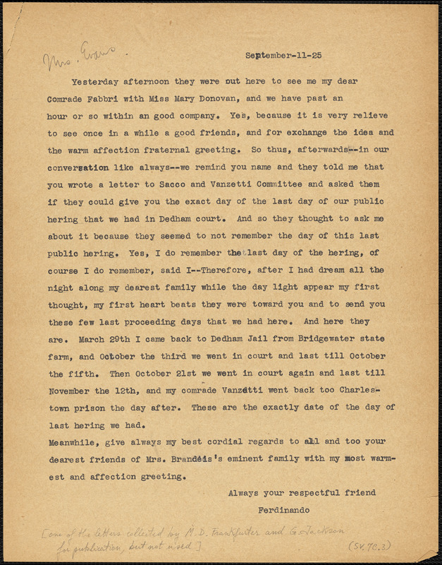 Nicola Sacco typed letter (copy) to [Elizabeth Glendower Evans], [Dedham], 11 September 1925