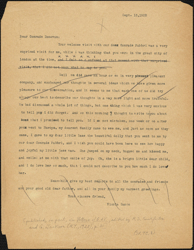 Nicola Sacco typed letter to Mary Donovan, [Dedham], 13 September 1925