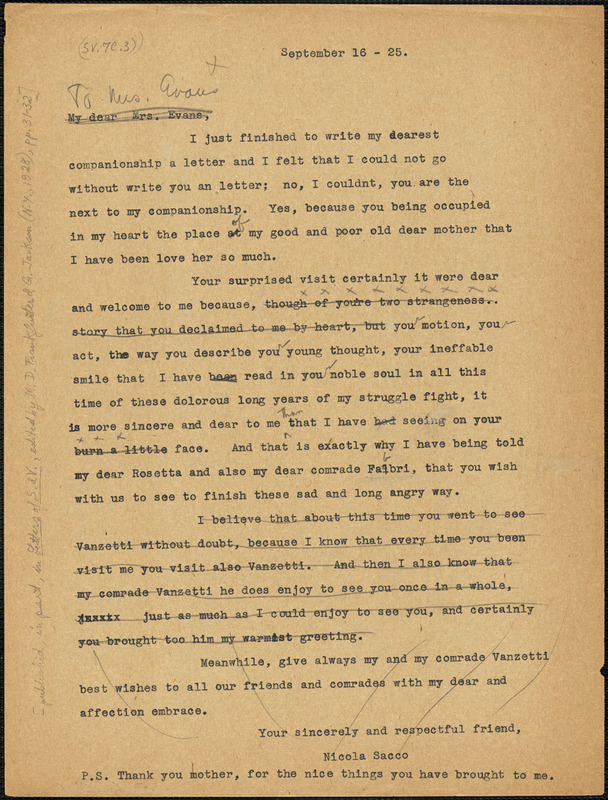 Nicola Sacco typed letter (copy) to Elizabeth Glendower Evans, [Dedham], 16 September 1925