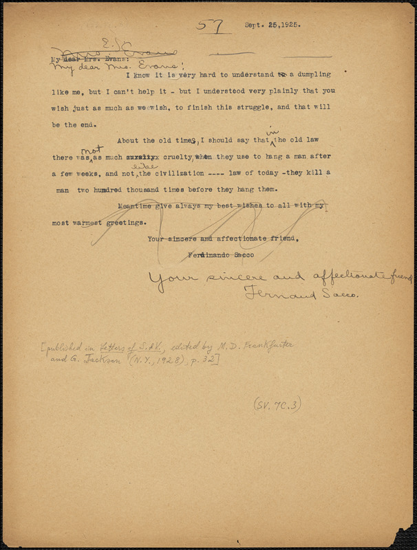 Nicola Sacco typed letter (copy) to Elizabeth Glendower Evans, [Dedham], 25 September 1925