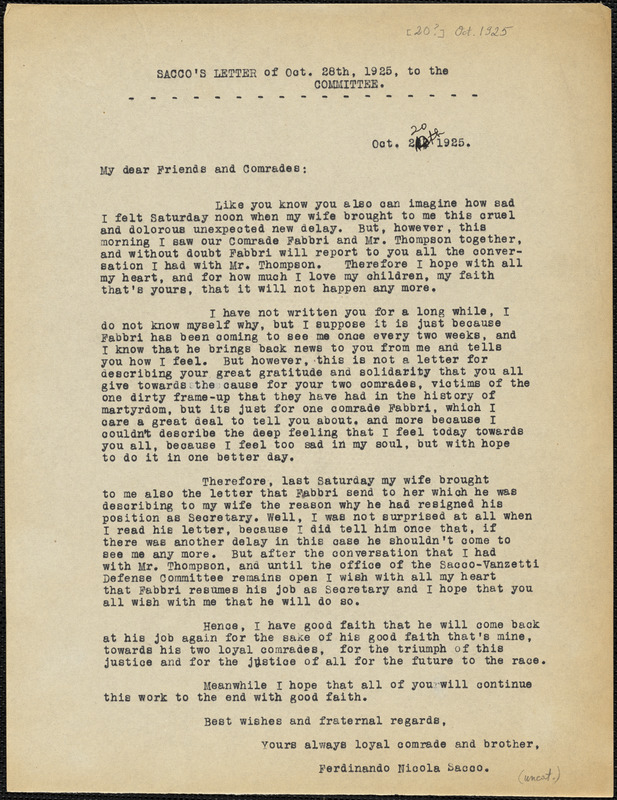 Nicola Sacco typed note (copy) to "My dear Friends and Comrades", [Dedham], 20 October 1925