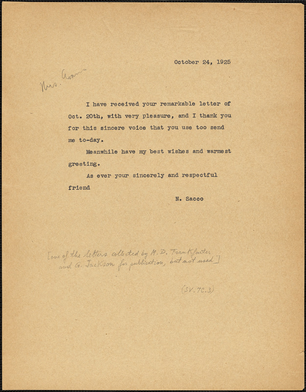 Nicola Sacco typed letter (copy) to Elizabeth Glendower Evans, [Dedham], 24 October 1925