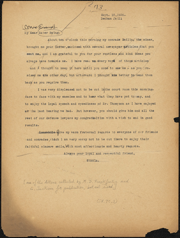 Nicola Sacco typed letter (copy) to "Mater Baing" (i.e. Elizabeth Glendower Evans), [Dedham], 15 September 1926