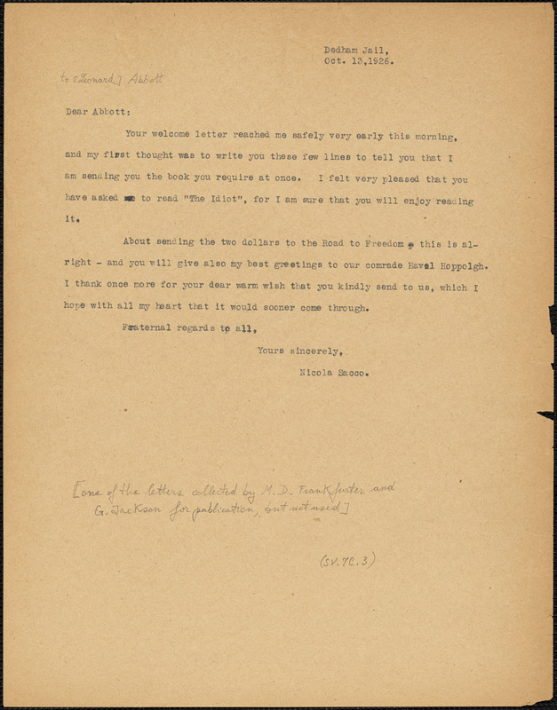 Nicola Sacco typed note (copy) to [Leonard D.] Abbott, [Dedham], 13 October 1926