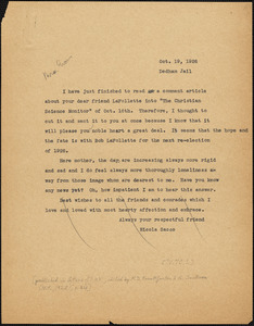Nicola Sacco typed letter (copy) to Elizabeth Glendower Evans, Dedham, 19 October 1926
