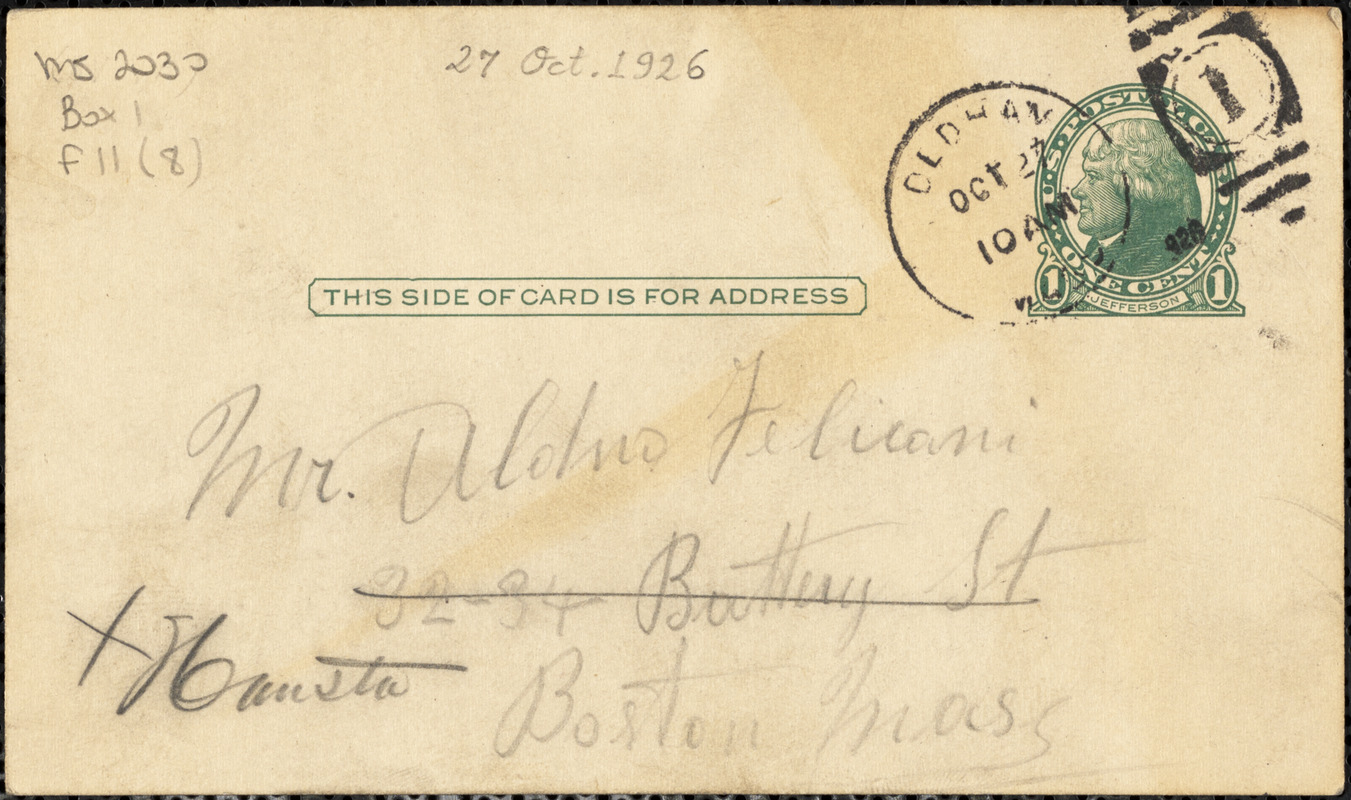 Nicola Sacco autographed note (postcard) signed to Aldino Felicani, [Dedham?], 27 October 1926