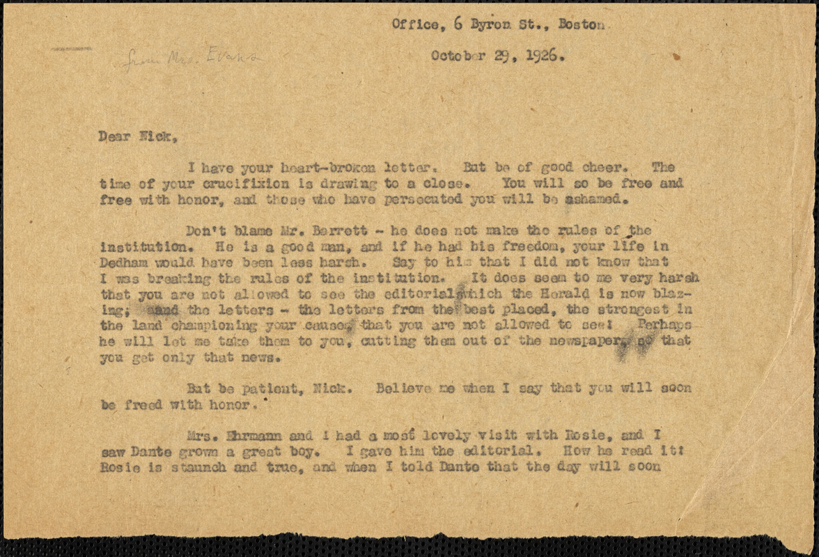Elizabeth Glendower Evans typed letter (copy) to Nicola Sacco, Boston, 29 October 1926