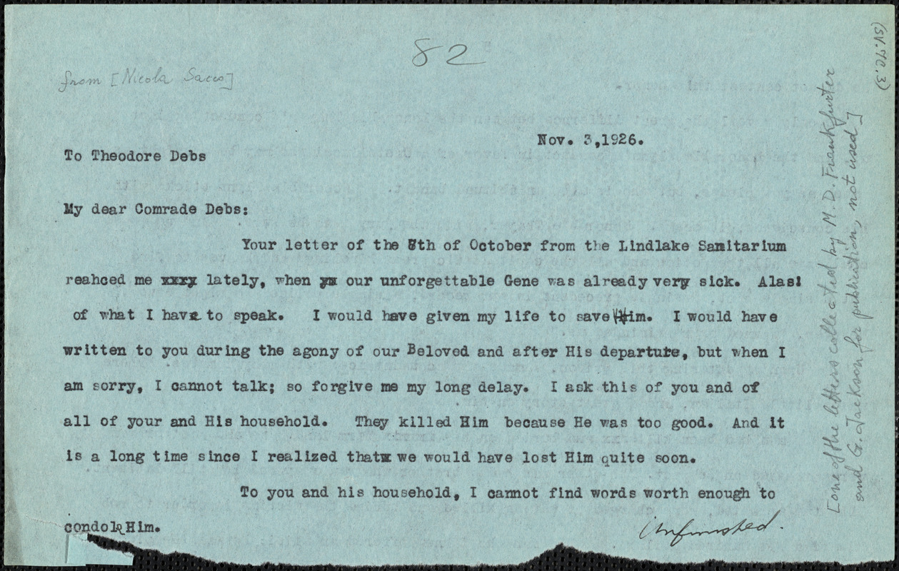 Nicola Sacco typed note (copy of incomplete note) to Theodore Debs, [Dedham], 3 November 1926