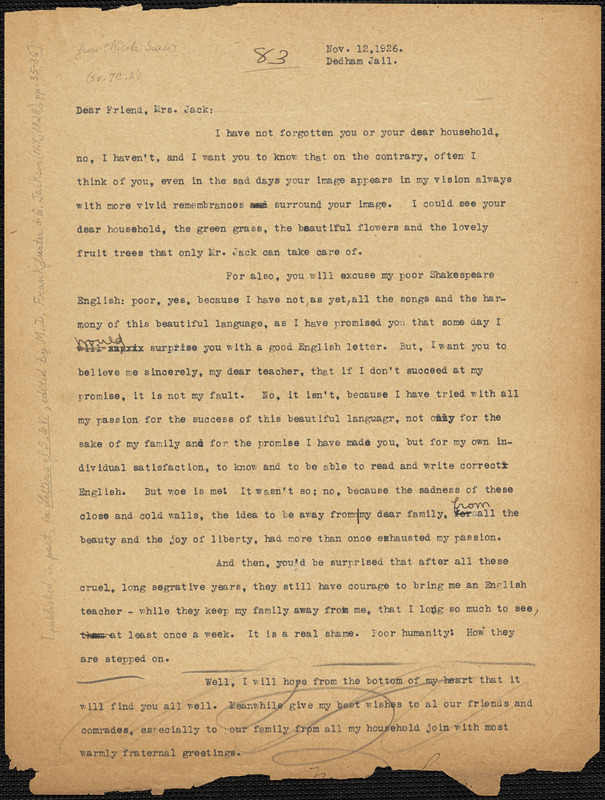 Nicola Sacco typed letter (copy) to Mrs. [Cerise] Jack, Dedham, 12 November 1926